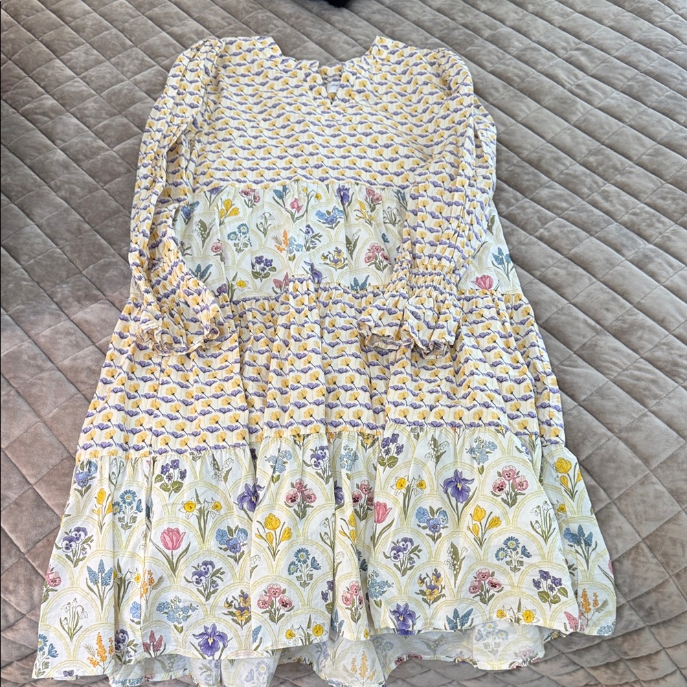 Girls' Floral Tiered Long-Sleeve Dress - White with Yellow & Purple Floral